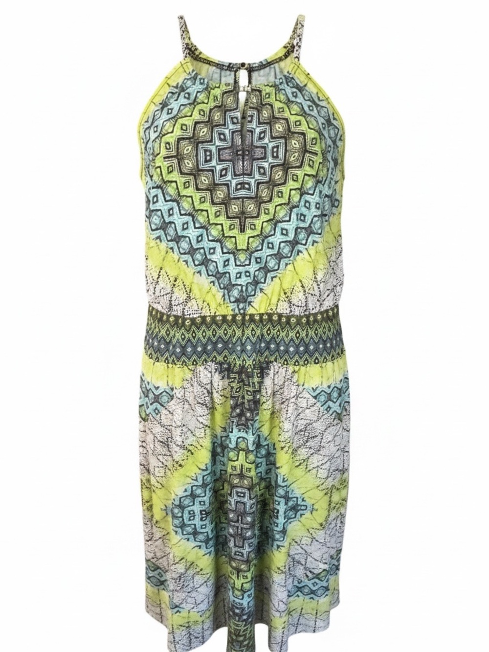 London Times Lime Green and Teal Geometric Print Sundress Resortwear SZ 14 EUC